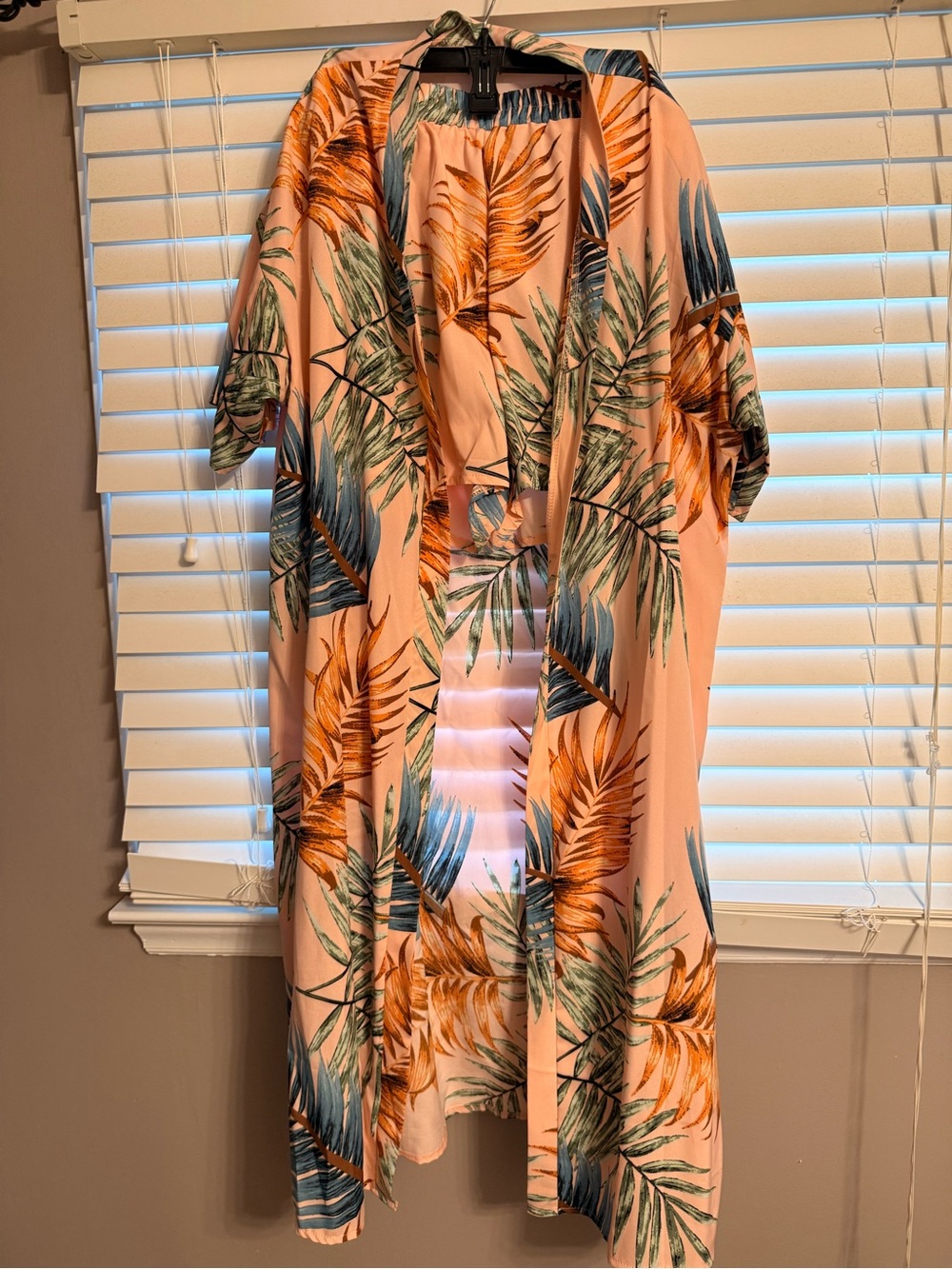 Peach Tropical Leaf Kimono Cover-Up